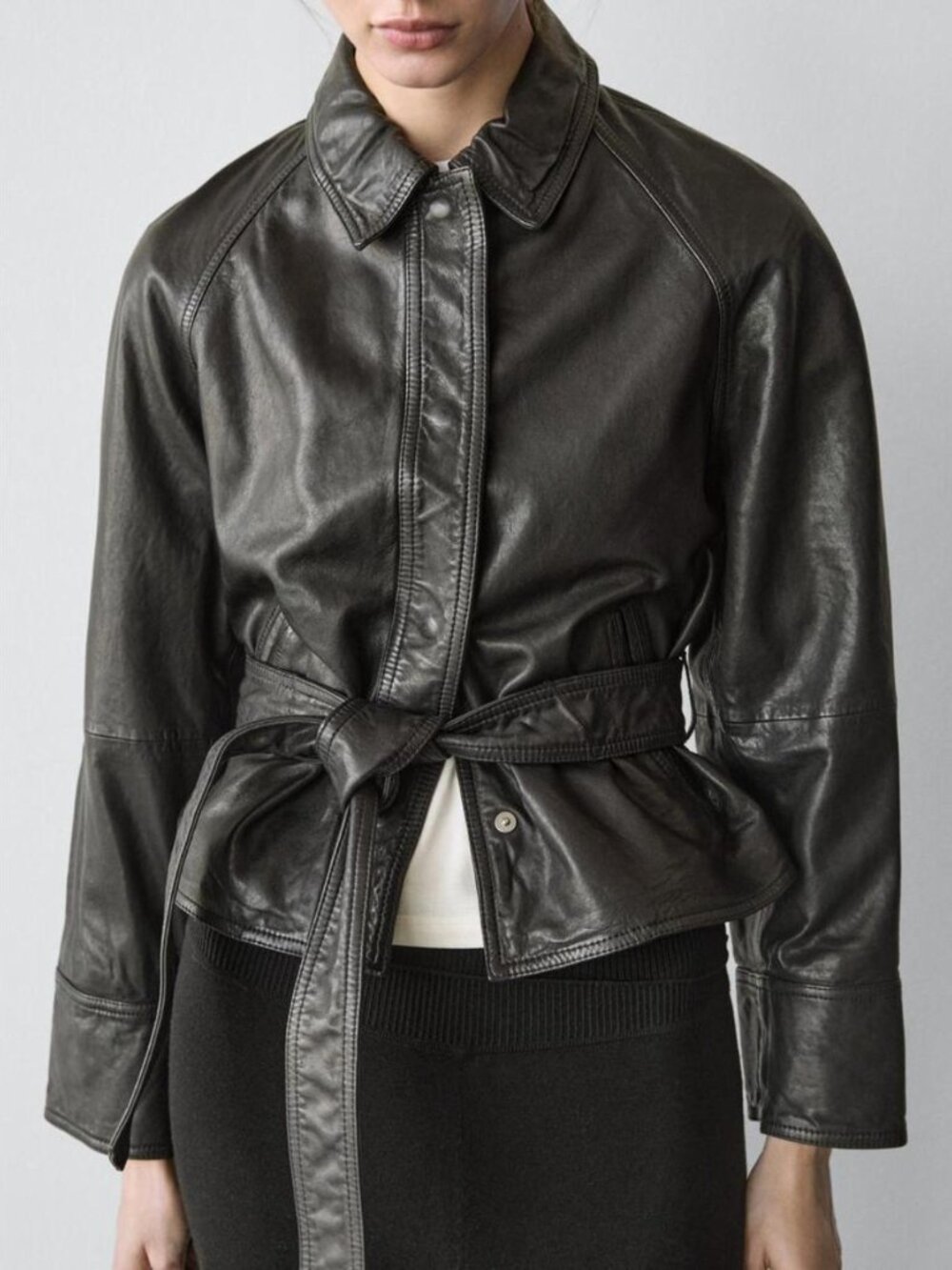 MASSIMO DUTTI NAPPA LEATHER JACKET WITH BELT
